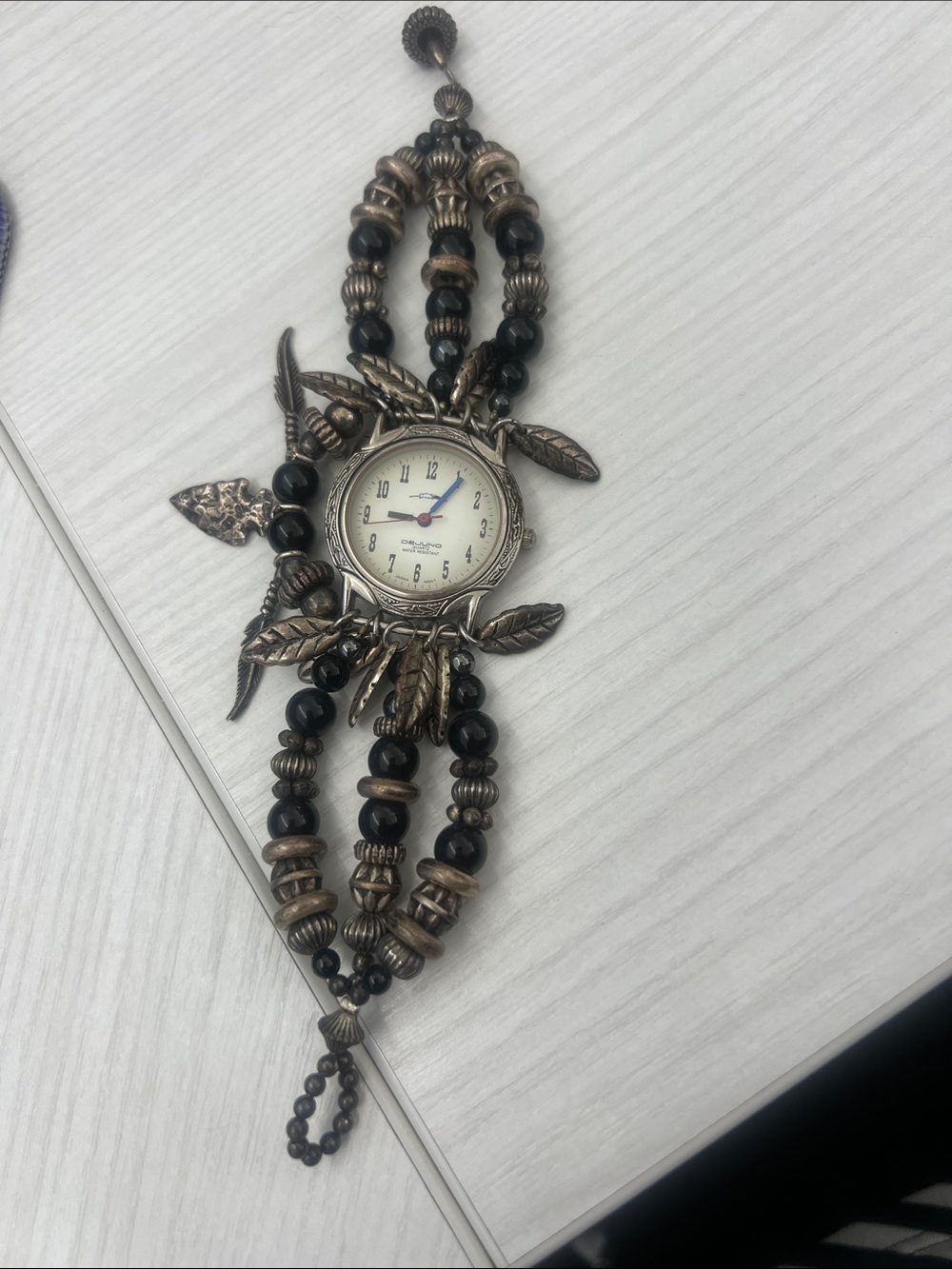 Vintage-Inspired Black & Bronze Beaded Women's Watch with Leaf Charms